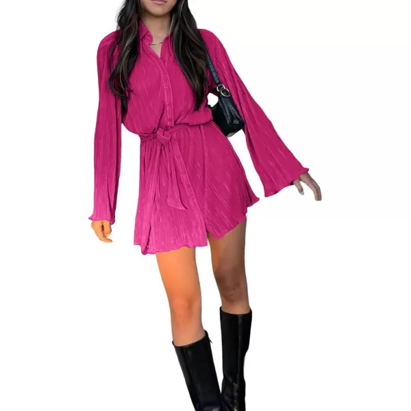 LYANER Women's Collar V Neck Button Down Pleated Long Sleeve Mini Shirt Dress with Belt