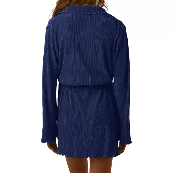 LYANER Women's Collar V Neck Button Down Pleated Long Sleeve Mini Shirt Dress with Belt