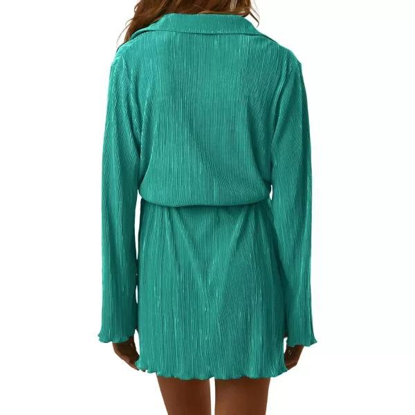 LYANER Women's Collar V Neck Button Down Pleated Long Sleeve Mini Shirt Dress with Belt