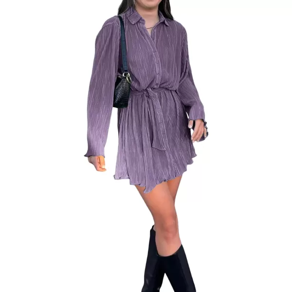LYANER Women's Collar V Neck Button Down Pleated Long Sleeve Mini Shirt Dress with Belt