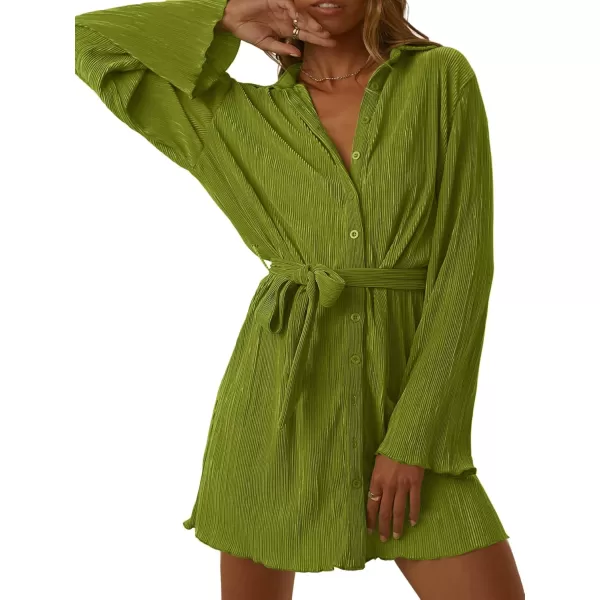 LYANER Women's Collar V Neck Button Down Pleated Long Sleeve Mini Shirt Dress with Belt
