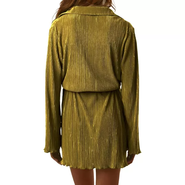 LYANER Women's Collar V Neck Button Down Pleated Long Sleeve Mini Shirt Dress with Belt
