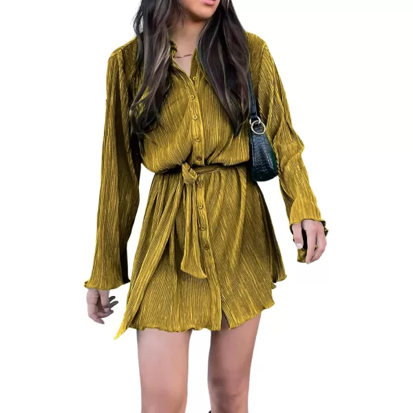 LYANER Women's Collar V Neck Button Down Pleated Long Sleeve Mini Shirt Dress with Belt