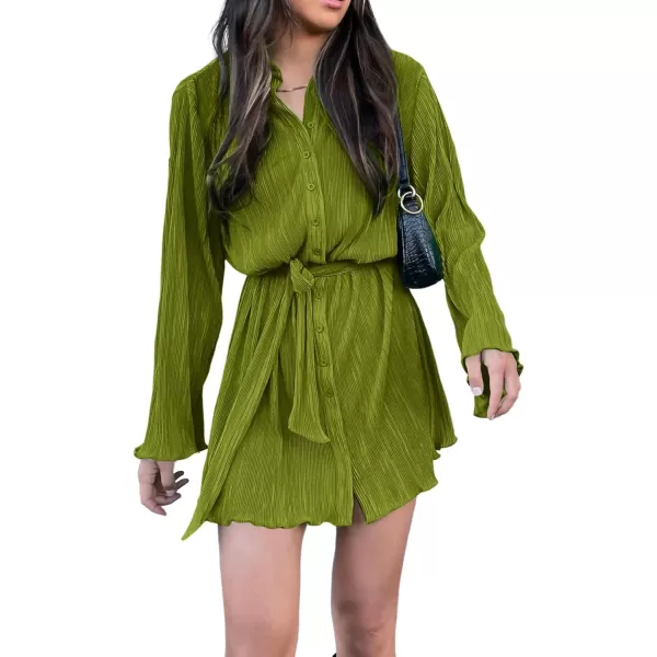 LYANER Women's Collar V Neck Button Down Pleated Long Sleeve Mini Shirt Dress with Belt