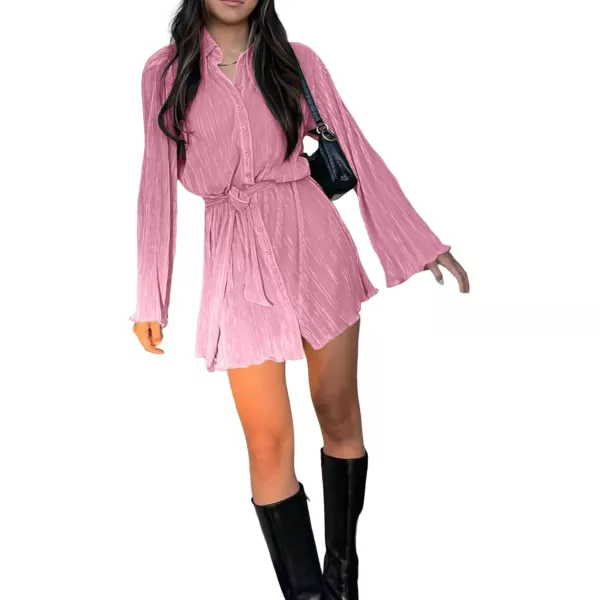 LYANER Women's Collar V Neck Button Down Pleated Long Sleeve Mini Shirt Dress with Belt