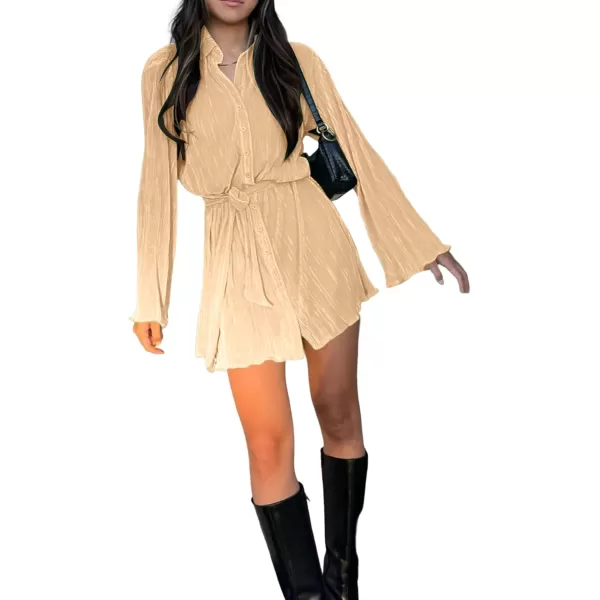 LYANER Women's Collar V Neck Button Down Pleated Long Sleeve Mini Shirt Dress with Belt