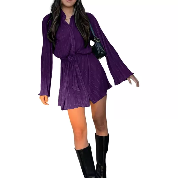 LYANER Women's Collar V Neck Button Down Pleated Long Sleeve Mini Shirt Dress with Belt