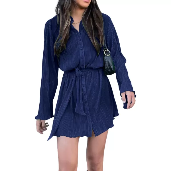 LYANER Women's Collar V Neck Button Down Pleated Long Sleeve Mini Shirt Dress with Belt