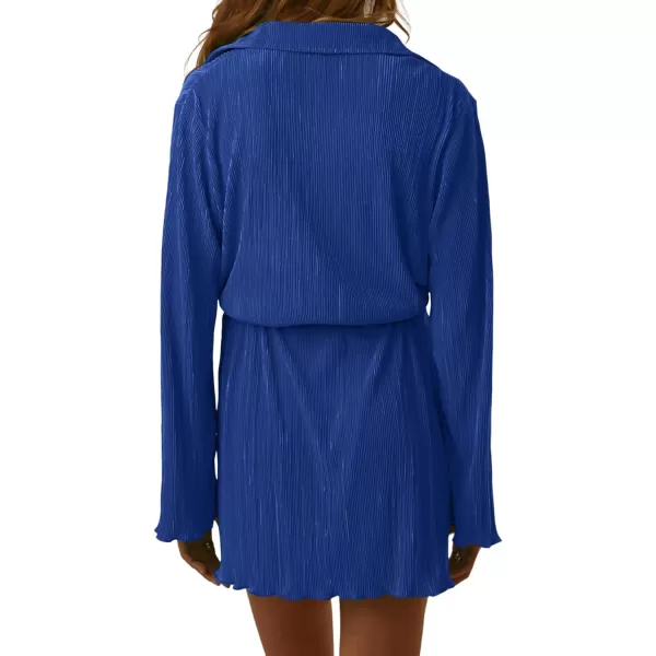 LYANER Women's Collar V Neck Button Down Pleated Long Sleeve Mini Shirt Dress with Belt