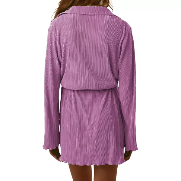LYANER Women's Collar V Neck Button Down Pleated Long Sleeve Mini Shirt Dress with Belt