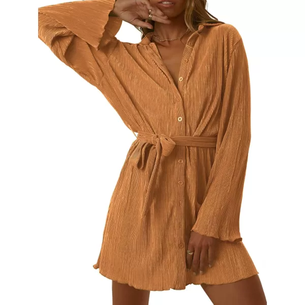 LYANER Women's Collar V Neck Button Down Pleated Long Sleeve Mini Shirt Dress with Belt