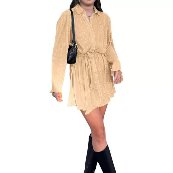 LYANER Women's Collar V Neck Button Down Pleated Long Sleeve Mini Shirt Dress with Belt