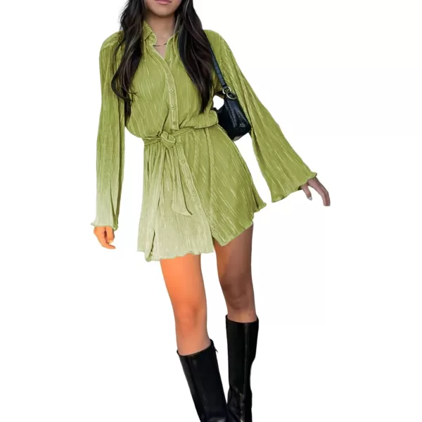 LYANER Women's Collar V Neck Button Down Pleated Long Sleeve Mini Shirt Dress with Belt
