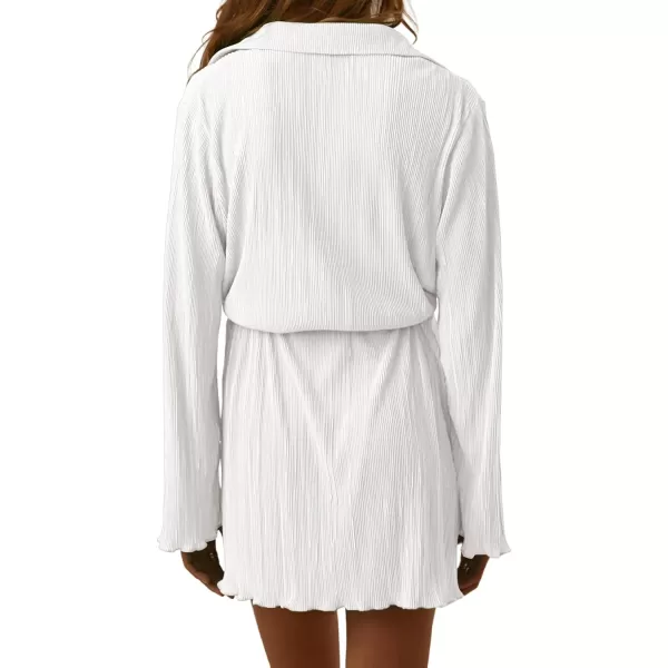 LYANER Women's Collar V Neck Button Down Pleated Long Sleeve Mini Shirt Dress with Belt
