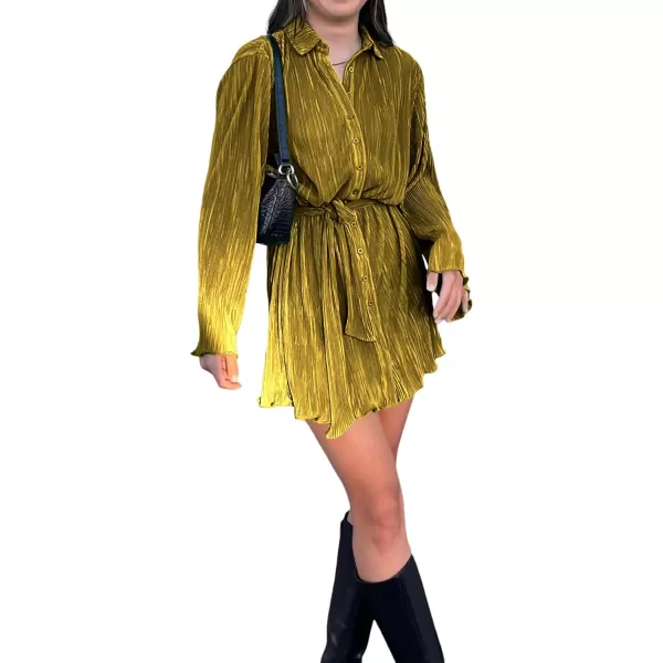 LYANER Women's Collar V Neck Button Down Pleated Long Sleeve Mini Shirt Dress with Belt