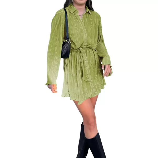 LYANER Women's Collar V Neck Button Down Pleated Long Sleeve Mini Shirt Dress with Belt