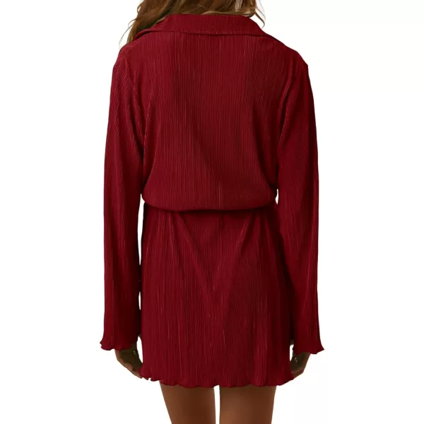 LYANER Women's Collar V Neck Button Down Pleated Long Sleeve Mini Shirt Dress with Belt
