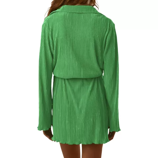 LYANER Women's Collar V Neck Button Down Pleated Long Sleeve Mini Shirt Dress with Belt