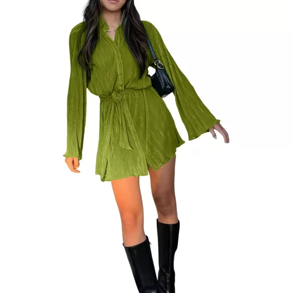 LYANER Women's Collar V Neck Button Down Pleated Long Sleeve Mini Shirt Dress with Belt
