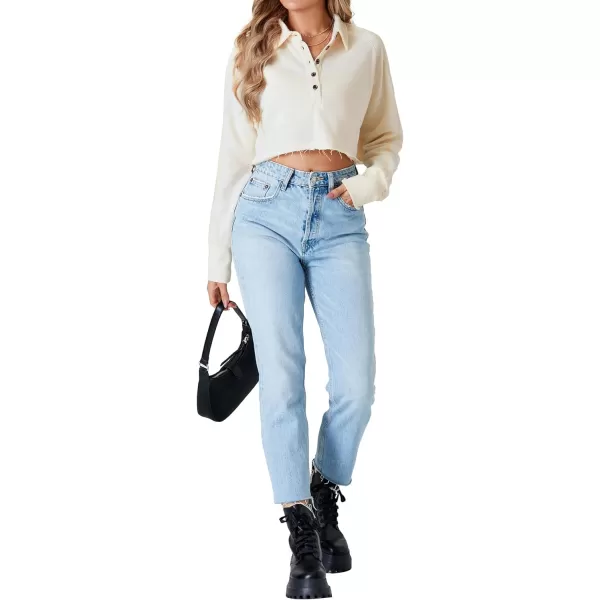 LYANER Women's Collar V Neck Button Down Raw Hem Long Sleeve Hooded Crop Hoodies Top