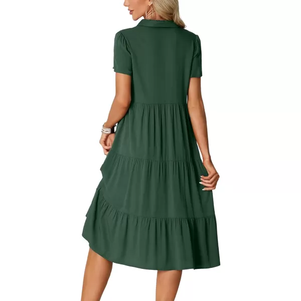 LYANER Women's Collar V Neck Button Down Short Sleeve Tiered Ruffle A Line Flowy Midi Shirt Dress