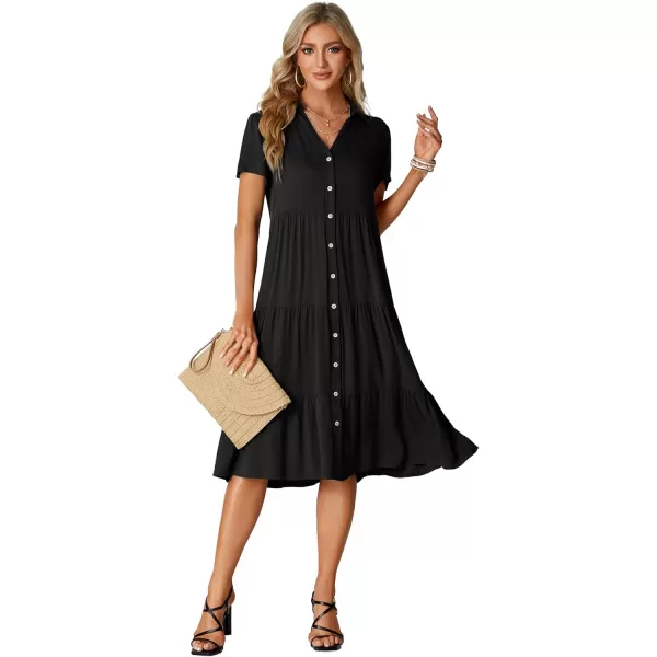 LYANER Women's Collar V Neck Button Down Short Sleeve Tiered Ruffle A Line Flowy Midi Shirt Dress