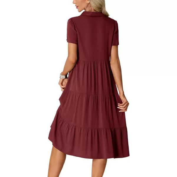 LYANER Women's Collar V Neck Button Down Short Sleeve Tiered Ruffle A Line Flowy Midi Shirt Dress