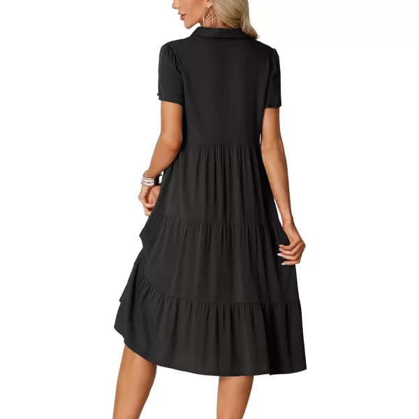 LYANER Women's Collar V Neck Button Down Short Sleeve Tiered Ruffle A Line Flowy Midi Shirt Dress