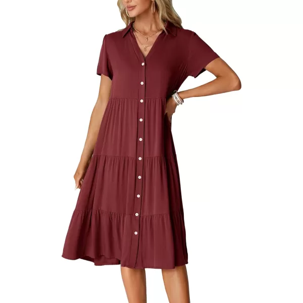 LYANER Women's Collar V Neck Button Down Short Sleeve Tiered Ruffle A Line Flowy Midi Shirt Dress