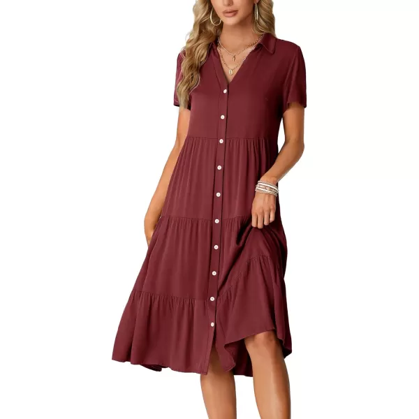 LYANER Women's Collar V Neck Button Down Short Sleeve Tiered Ruffle A Line Flowy Midi Shirt Dress