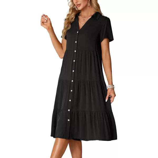 LYANER Women's Collar V Neck Button Down Short Sleeve Tiered Ruffle A Line Flowy Midi Shirt Dress