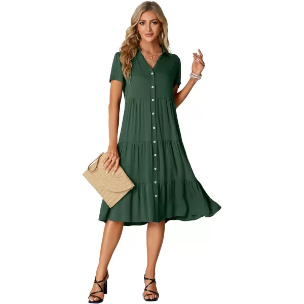 LYANER Women's Collar V Neck Button Down Short Sleeve Tiered Ruffle A Line Flowy Midi Shirt Dress