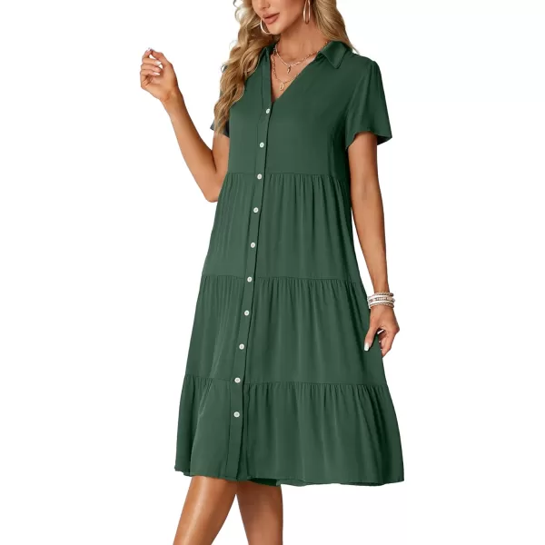 LYANER Women's Collar V Neck Button Down Short Sleeve Tiered Ruffle A Line Flowy Midi Shirt Dress