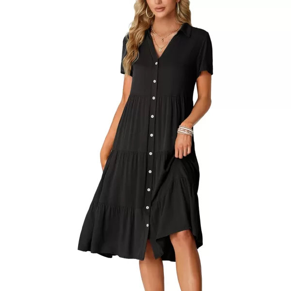 LYANER Women's Collar V Neck Button Down Short Sleeve Tiered Ruffle A Line Flowy Midi Shirt Dress