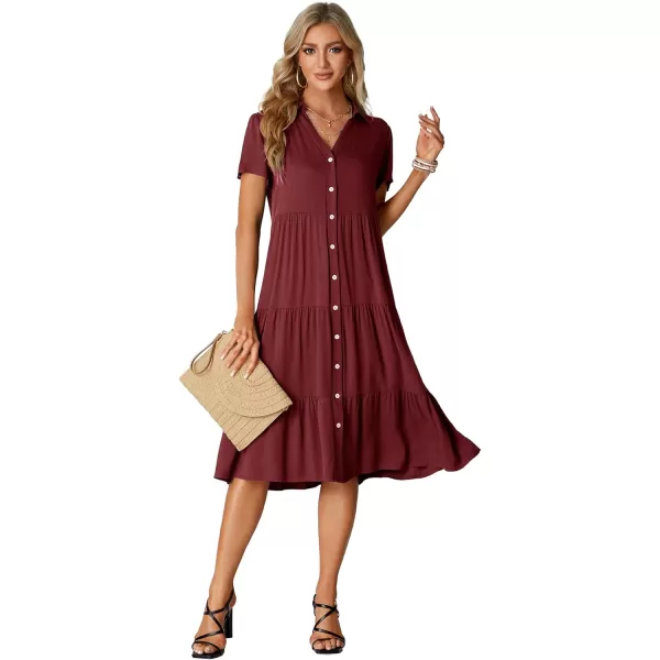 LYANER Women's Collar V Neck Button Down Short Sleeve Tiered Ruffle A Line Flowy Midi Shirt Dress