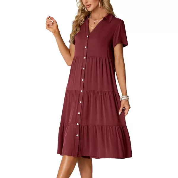 LYANER Women's Collar V Neck Button Down Short Sleeve Tiered Ruffle A Line Flowy Midi Shirt Dress