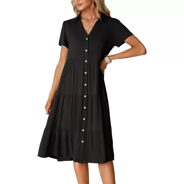 LYANER Women's Collar V Neck Button Down Short Sleeve Tiered Ruffle A Line Flowy Midi Shirt Dress