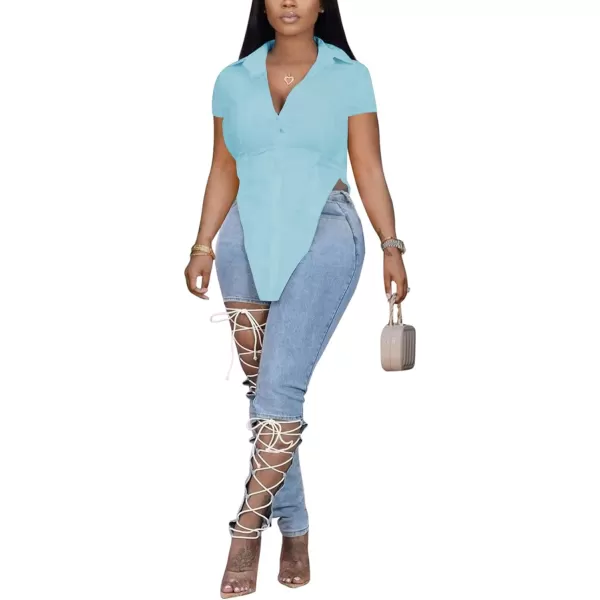 LYANER Women's Collar V Neck Button Front Short Sleeve Slit Hem Long Shirt Blouse Top