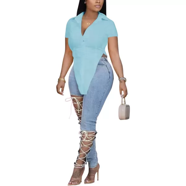 LYANER Women's Collar V Neck Button Front Short Sleeve Slit Hem Long Shirt Blouse Top