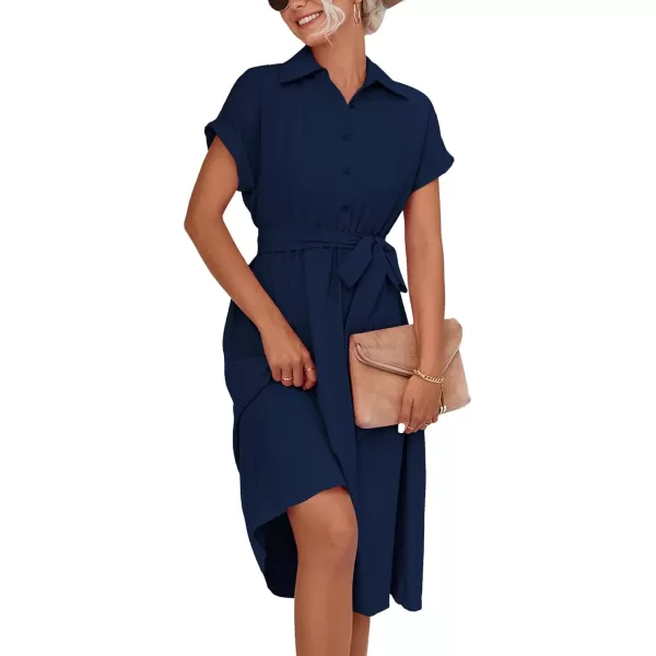 LYANER Women's Collar V Neck Button Front Tie Waist Short Sleeve Ruffle Hem Midi Dress