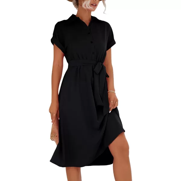LYANER Women's Collar V Neck Button Front Tie Waist Short Sleeve Ruffle Hem Midi Dress