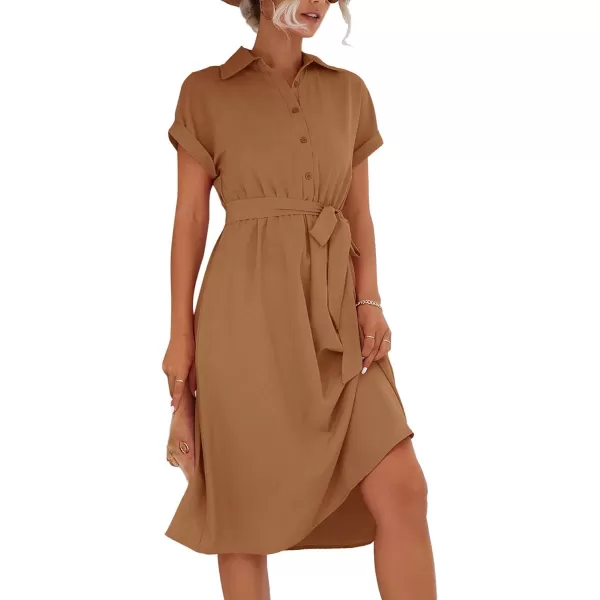 LYANER Women's Collar V Neck Button Front Tie Waist Short Sleeve Ruffle Hem Midi Dress