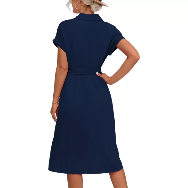 LYANER Women's Collar V Neck Button Front Tie Waist Short Sleeve Ruffle Hem Midi Dress
