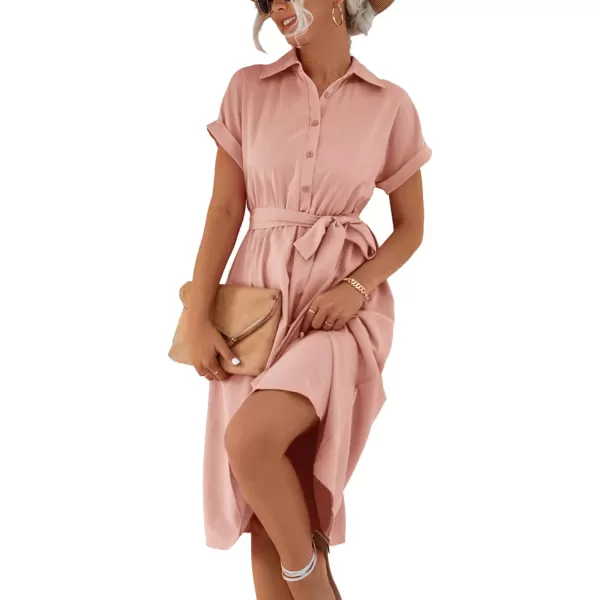 LYANER Women's Collar V Neck Button Front Tie Waist Short Sleeve Ruffle Hem Midi Dress