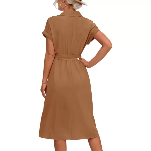 LYANER Women's Collar V Neck Button Front Tie Waist Short Sleeve Ruffle Hem Midi Dress
