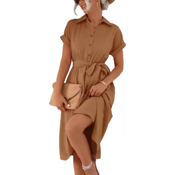 LYANER Women's Collar V Neck Button Front Tie Waist Short Sleeve Ruffle Hem Midi Dress