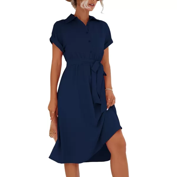 LYANER Women's Collar V Neck Button Front Tie Waist Short Sleeve Ruffle Hem Midi Dress
