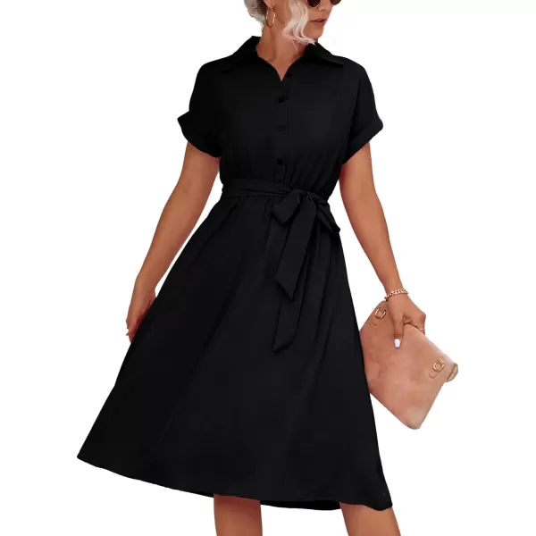 LYANER Women's Collar V Neck Button Front Tie Waist Short Sleeve Ruffle Hem Midi Dress