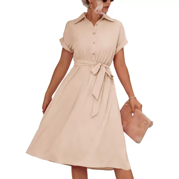 LYANER Women's Collar V Neck Button Front Tie Waist Short Sleeve Ruffle Hem Midi Dress
