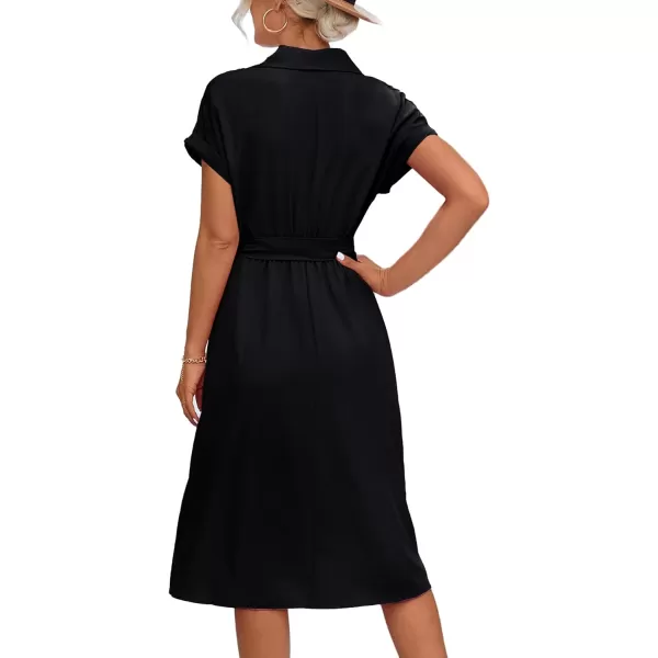 LYANER Women's Collar V Neck Button Front Tie Waist Short Sleeve Ruffle Hem Midi Dress